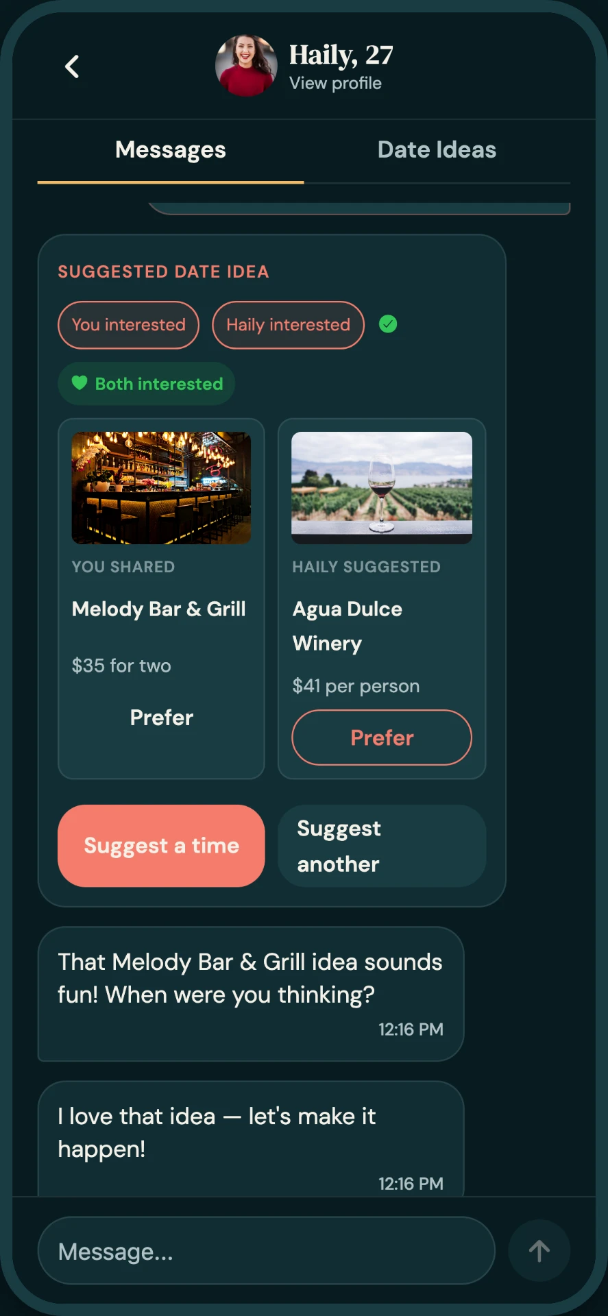 Xperiences suggested date idea in a conversation