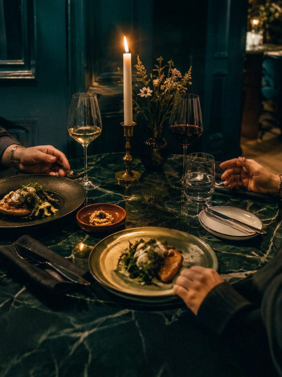 Candlelit dinner table for two
