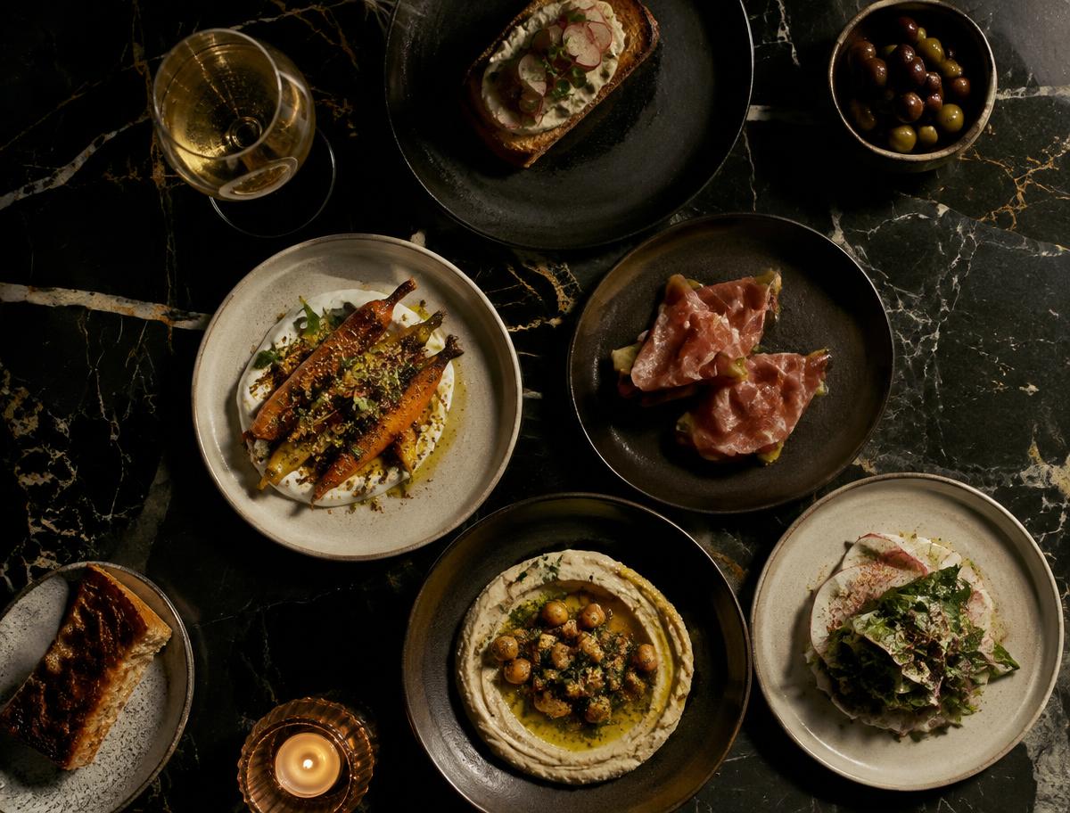 Shared plates on a dark marble table